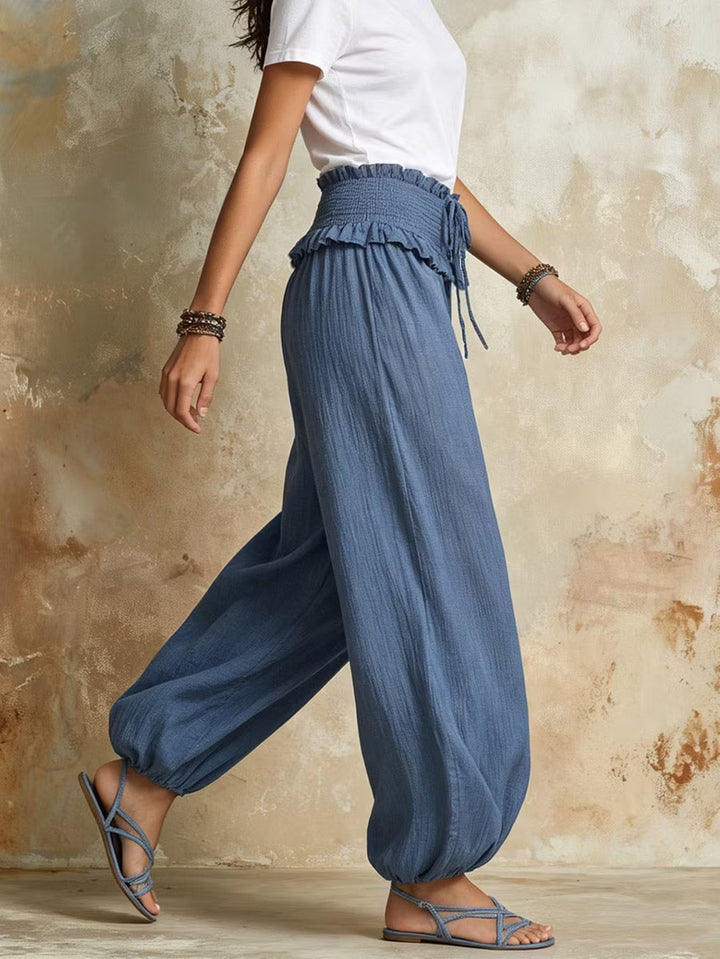 Women Wide Harem Pants with Gathered Smock Waistband and Elastic Ankle Closures Mune Fashion