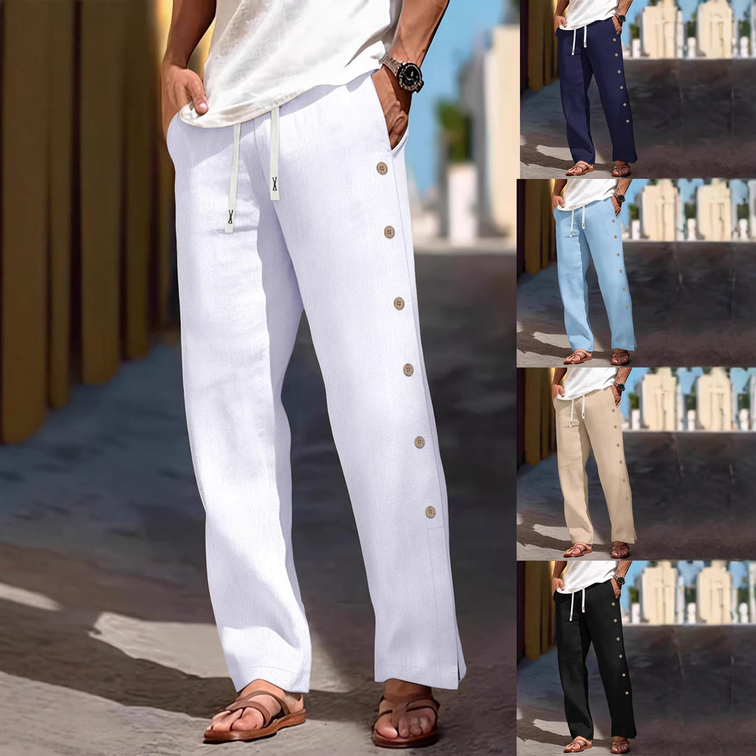 Men's loose leisure pants with side decorative button placket, drawstring waistband, and deep front pockets Mune Fashion