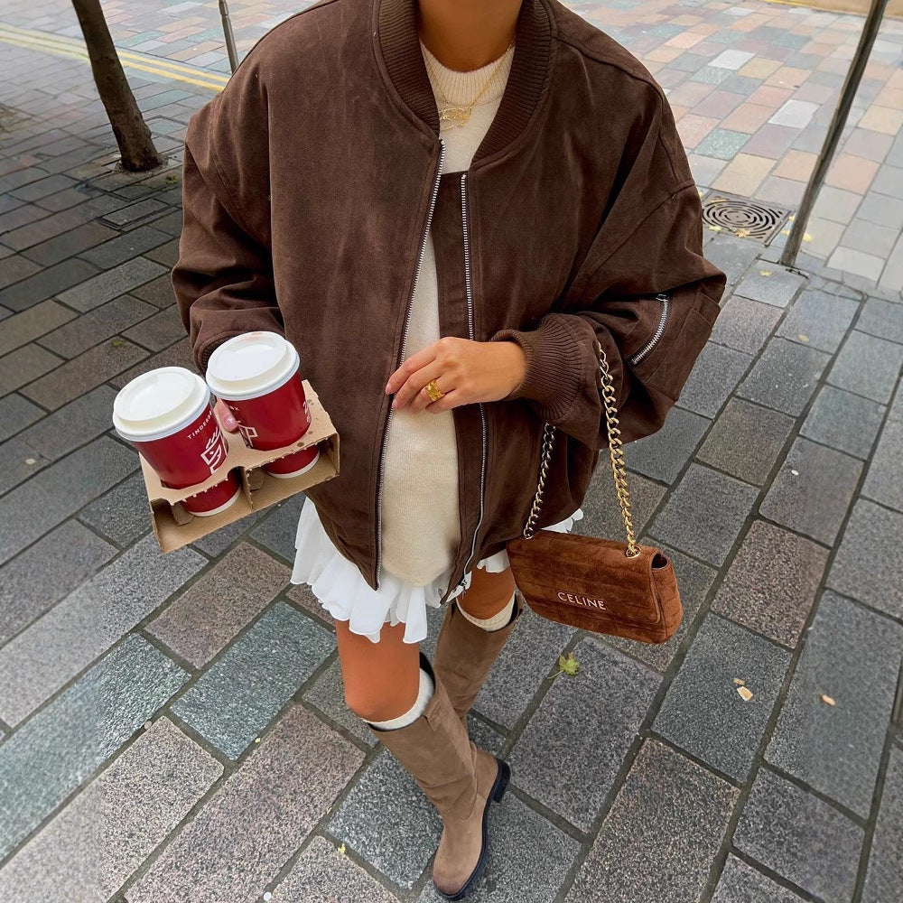 Women's Oversized Suede Bomber Jacket with Zipper & Ribbed Cuffs Mune Fashion