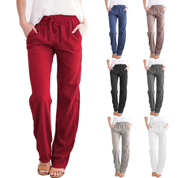 Ladies nan lightweight linen pants with elastic waistband drawstring and wide leg Mune Fashion