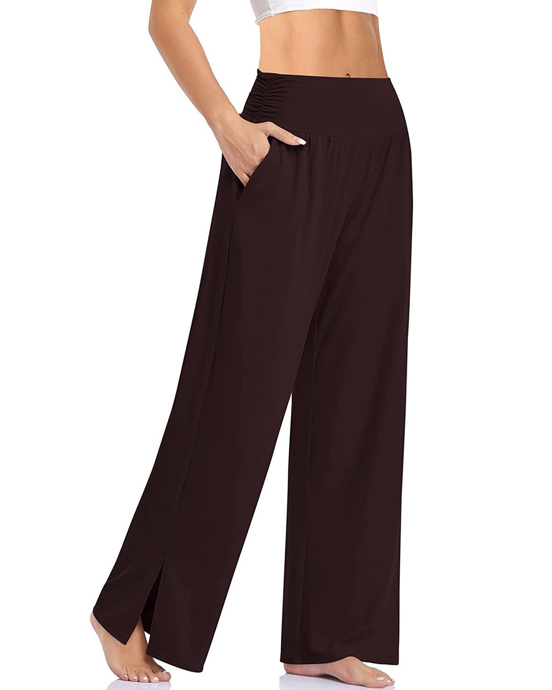 Women's wide Yoga pants with high comfort waistband, side pockets, and side leg slit Mune Fashion