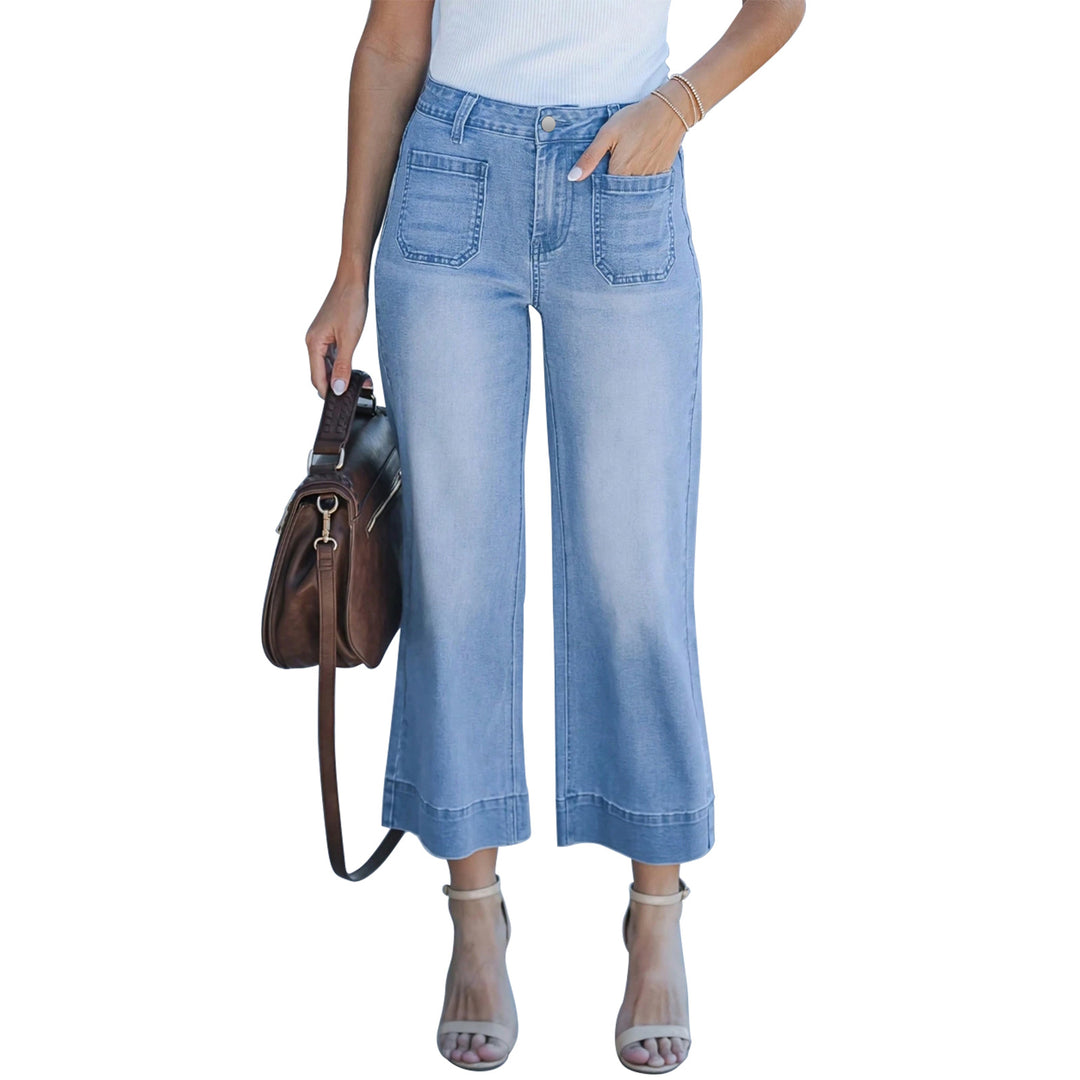 Women High-Waisted Culotte Jeans with Wide Legs and Patch Front Pockets Mune Fashion