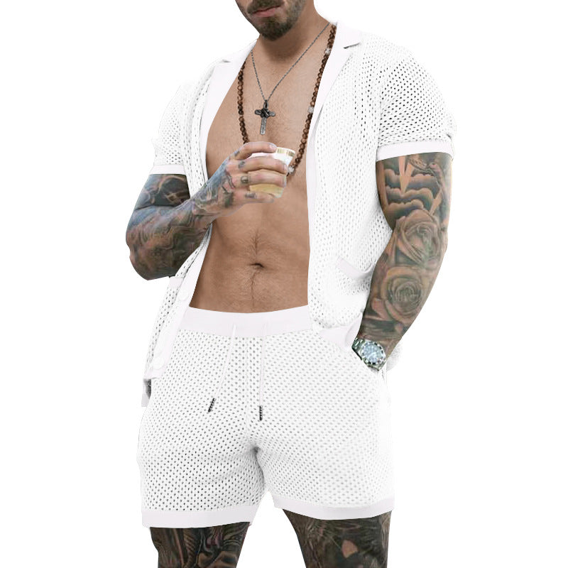 Men's open mesh knit cardigan with matching drawstring shorts Mune Fashion