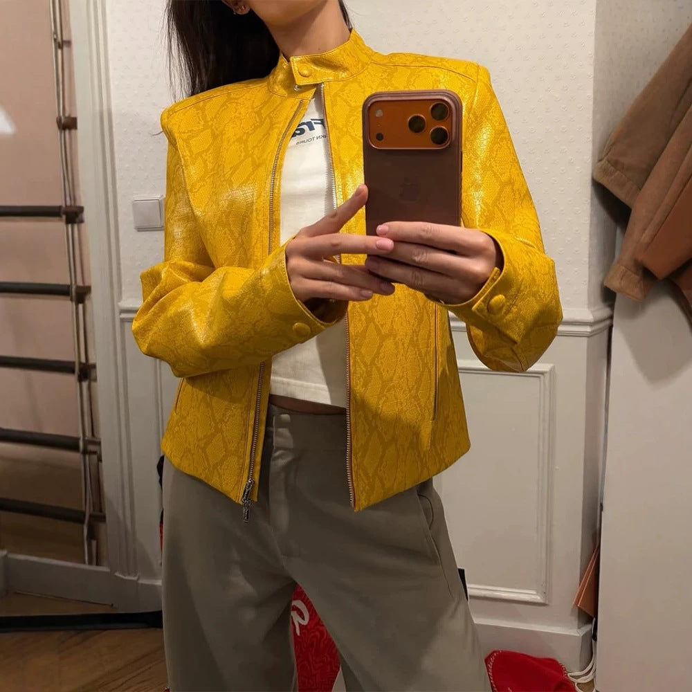 Women short cut snake embossed biker jacket with stand collar and zip pockets Mune Fashion