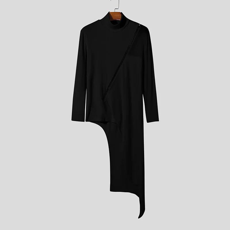 Ladies avant-garde long shirt with diagonal zipper, stand-up collar and irregular pointed hem Mune Fashion