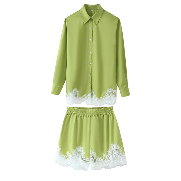 Women's two-piece satin pajama set with shirt blouse, elastic waistband shorts, and lace trim Mune Fashion