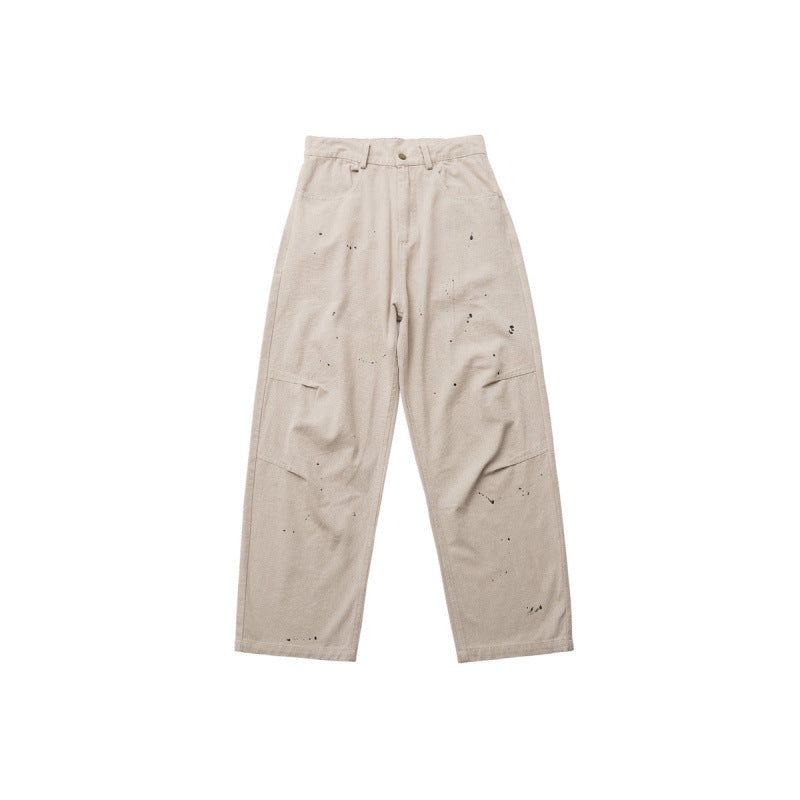 Men's Wide Relaxed-Fit Denim Pants with Paint Splatter, Knee Patches, and High Waist Mune Fashion