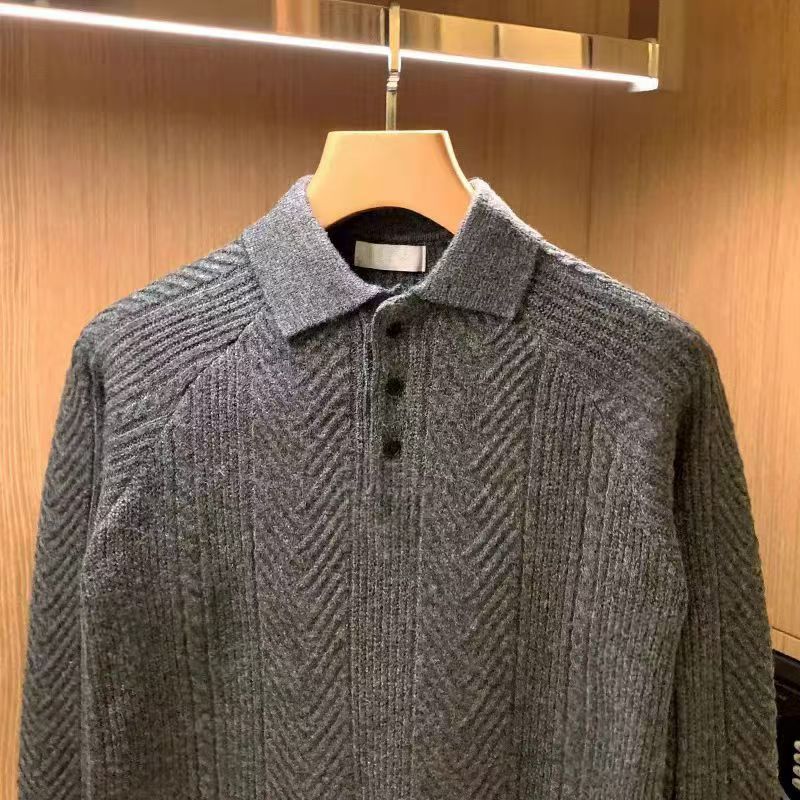 Men's fine-knit polo sweater with half-button placket and cable pattern Mune Fashion
