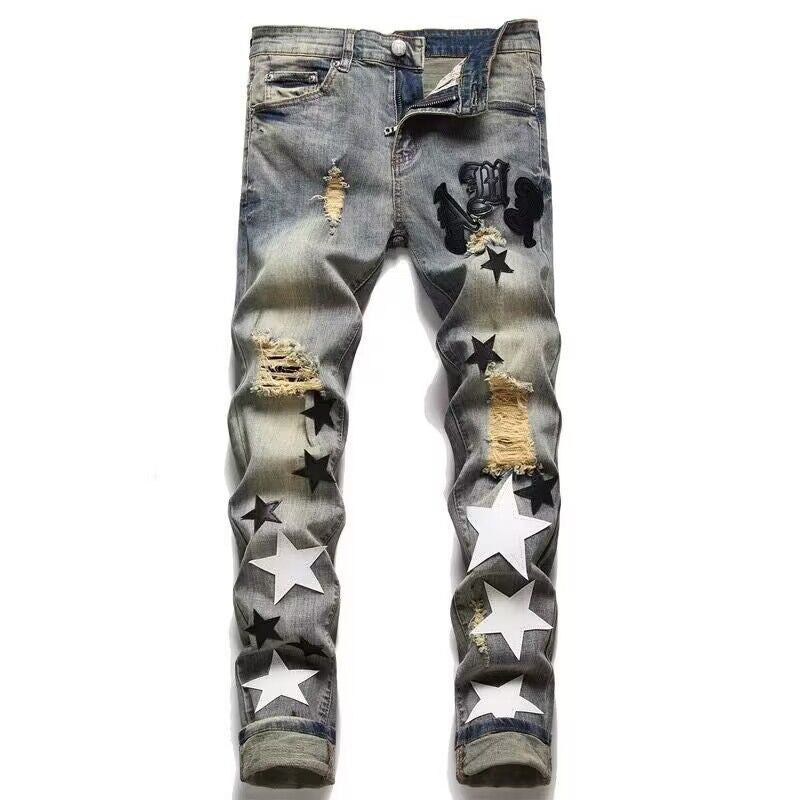 Men's Casual Distressed Jeans with Star Appliqués Mune Fashion