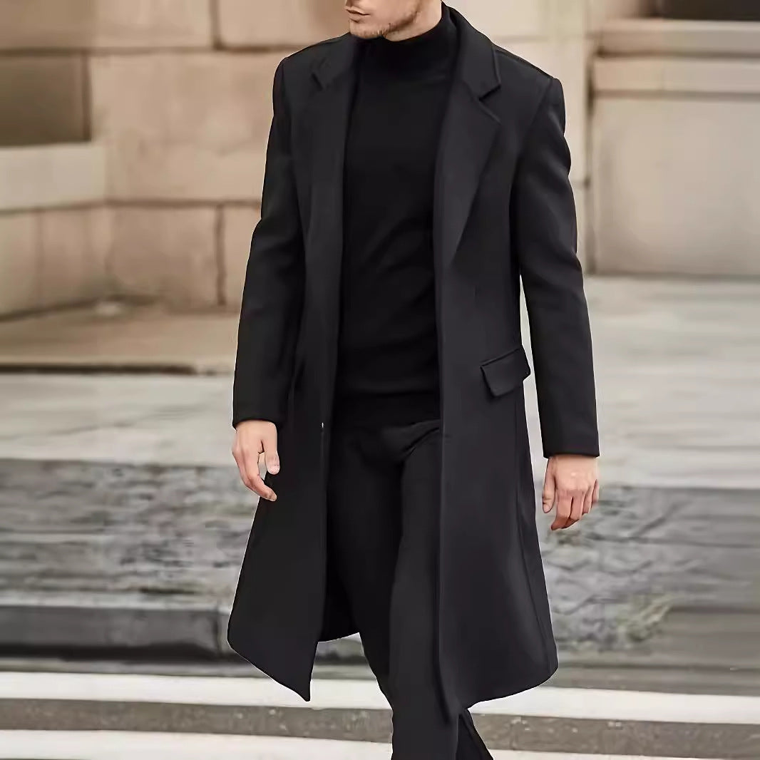 Men's Elegant Long Wool Blend Coat with Slim Silhouette and Classic Lapel Mune Fashion