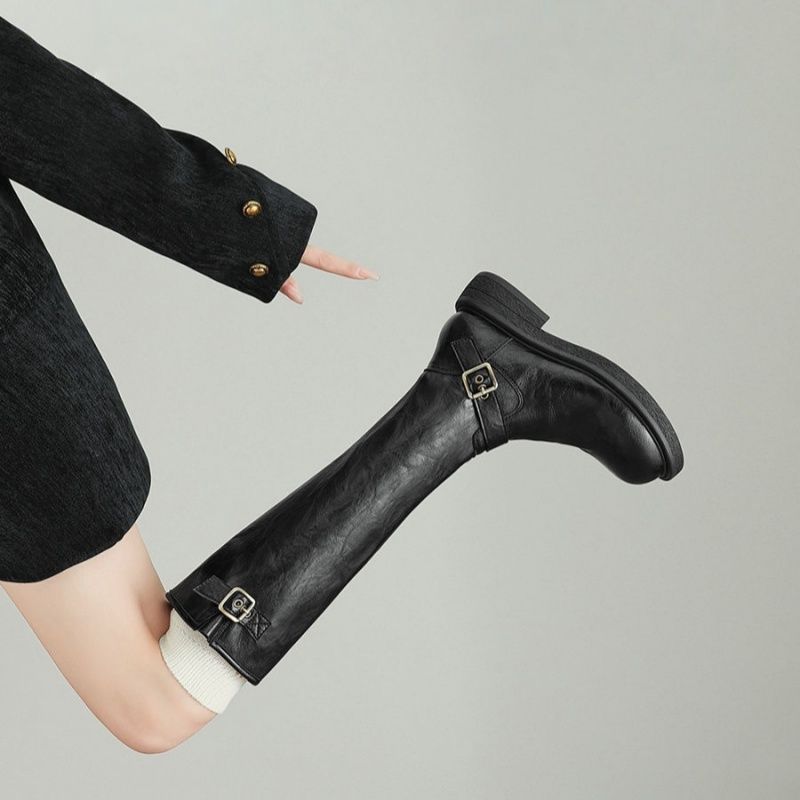 Women's Knee-High Faux Leather Boots with Adjustable Decorative Buckles Mune Fashion