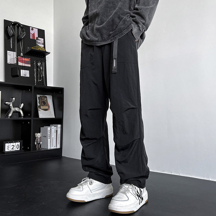 Men's Loose Fit Nylon Cargo Pants with Utility Webbing and Straight Leg Mune Fashion