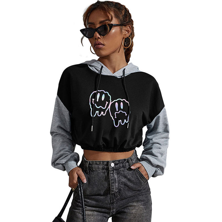Women's Cropped Hoodie with Contrast Sleeves, Elastic Hem and Melting Smiley Print