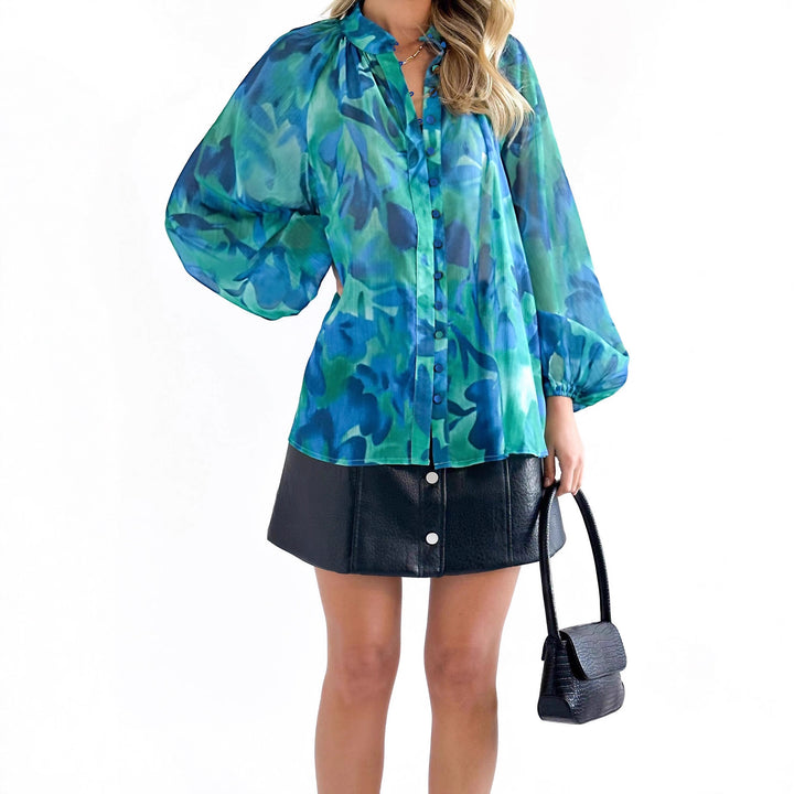 Ladies Chiffon blouse with watercolor print, standing collar, concealed button placket and balloon sleeves Mune Fashion