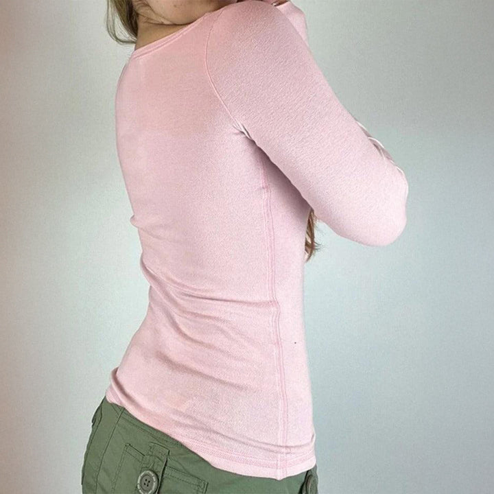 Women’s tailored long-sleeve shirt with square neckline, button placket, and fine lace trim Mune Fashion