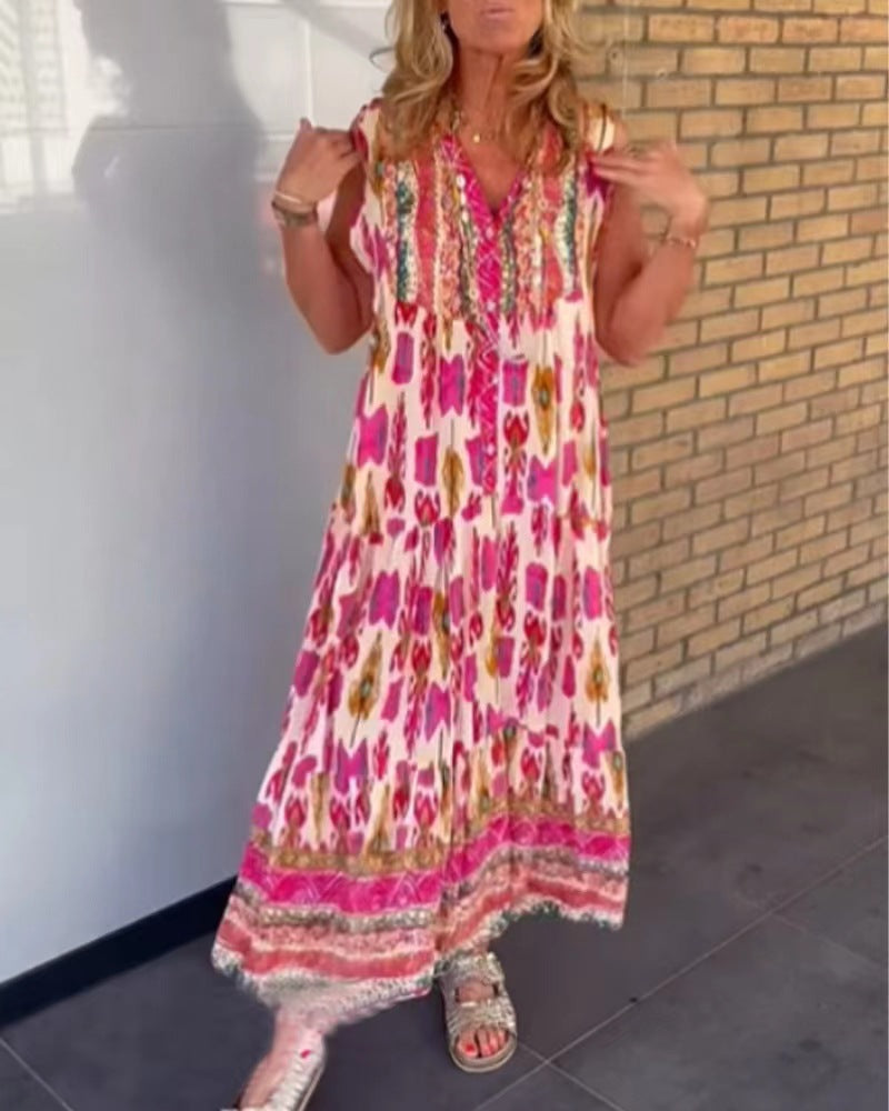 Ladies' flowing maxi dress in boho style with V-neck, tiered skirt and embroidered yoke Mune Fashion