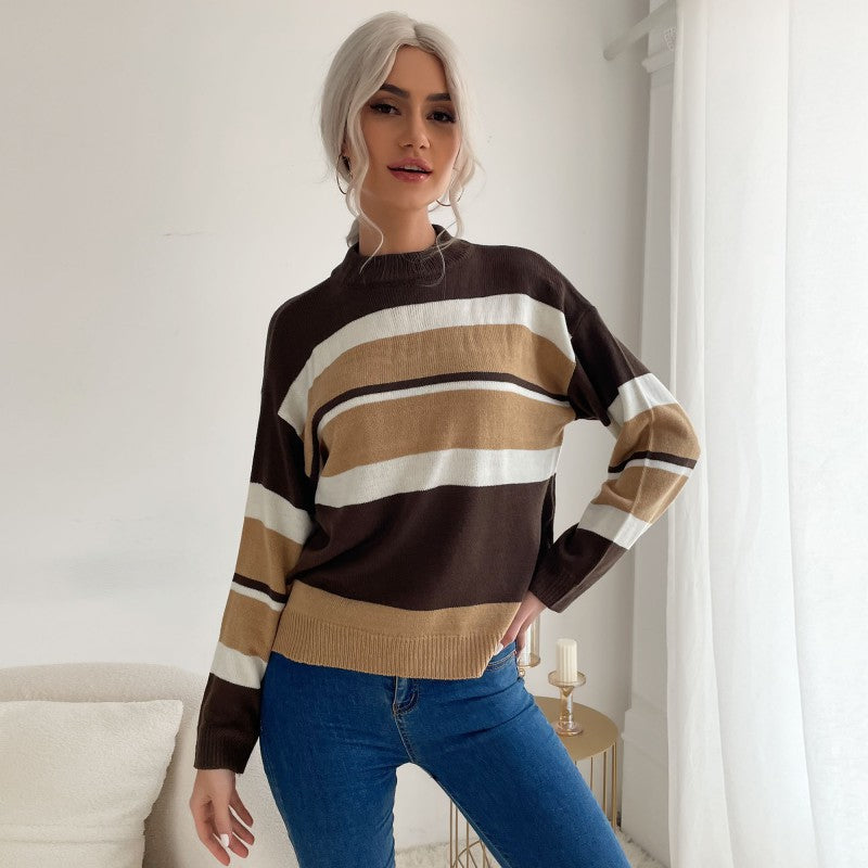 Women's Long Sleeve Striped Fine Knit Sweater with Short Stand-Up Collar and Casual Silhouette Mune Fashion