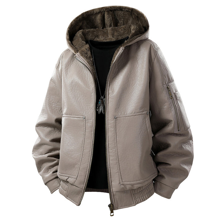 Herren gefütterte Lederoptik-Bomberjacke mit Kapuze und Teddyinnenfutter Mune Fashion