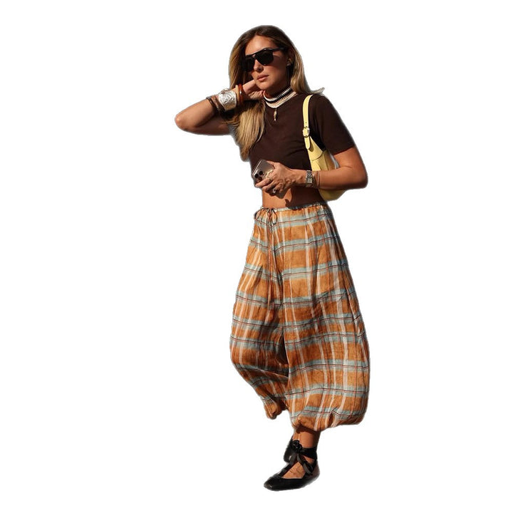 Women wide plaid harem pants with elastic waistband, drawstring & gathered ankle cuffs Mune Fashion