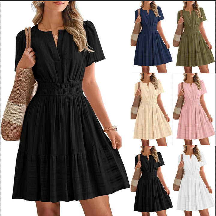 Women's Tailored Tiered Midi Dress with Smocked Waist, V-Neck and Pockets Mune Fashion