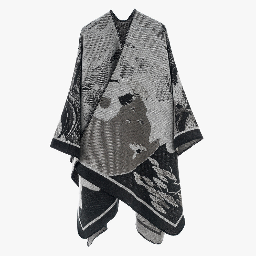 Women's jacquard knit cape with floral graphic and asymmetrical hem Mune Fashion