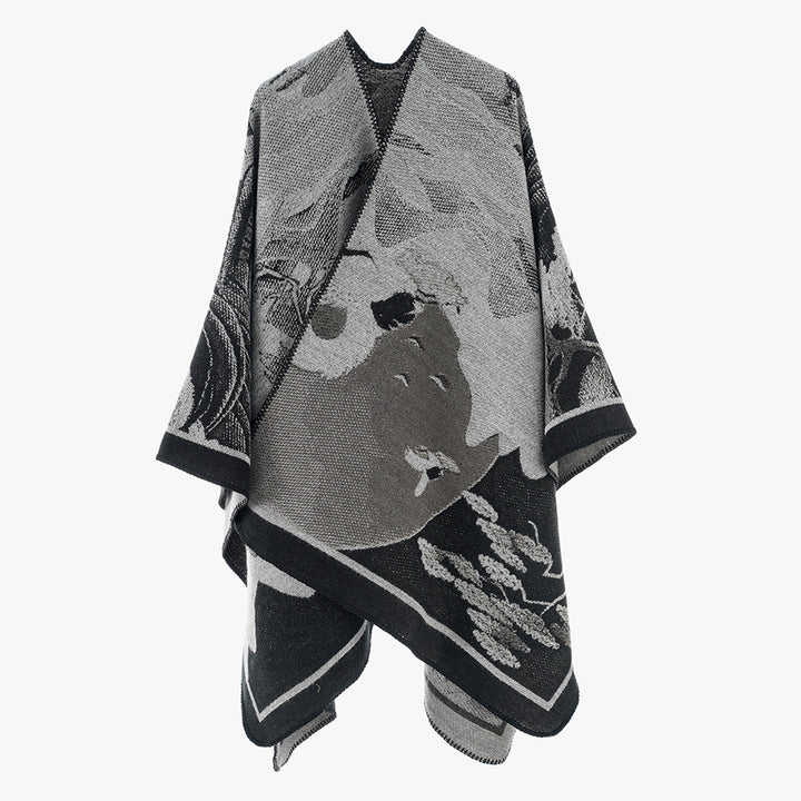 Women's jacquard knit cape with floral graphic and asymmetrical hem Mune Fashion