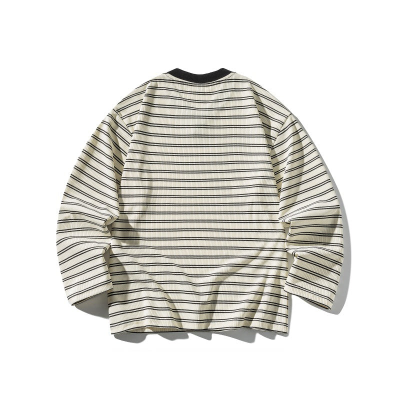 Unisex Striped Textured Long Sleeve with Notch V-Neck and Ribbed Structure Mune Fashion