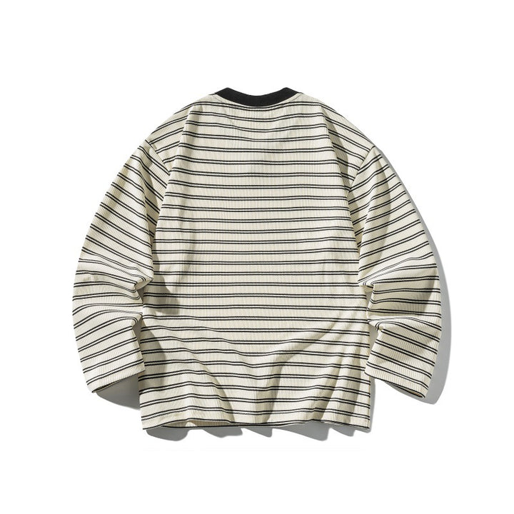 Unisex Striped Textured Long Sleeve with Notch V-Neck and Ribbed Structure Mune Fashion