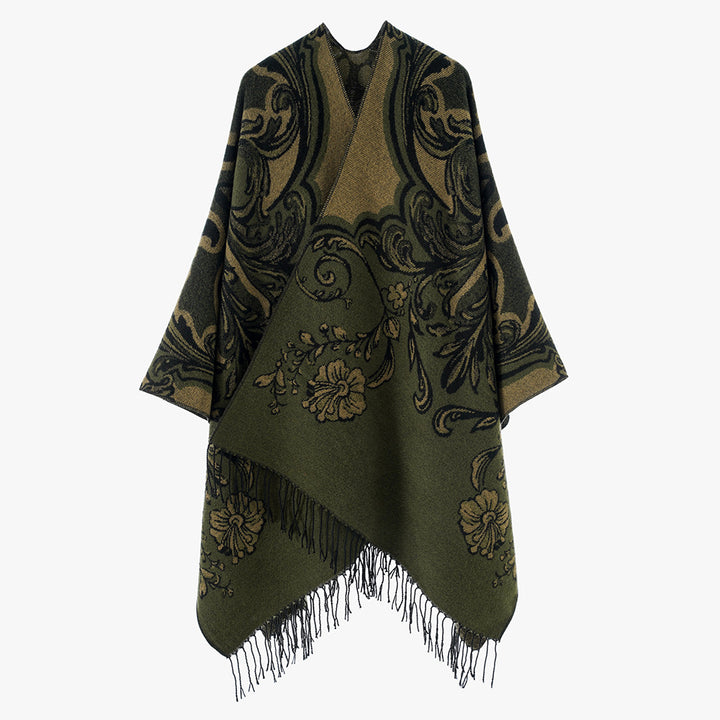 Women's Baroque Jacquard Cape with Asymmetrical Hem and Fringes