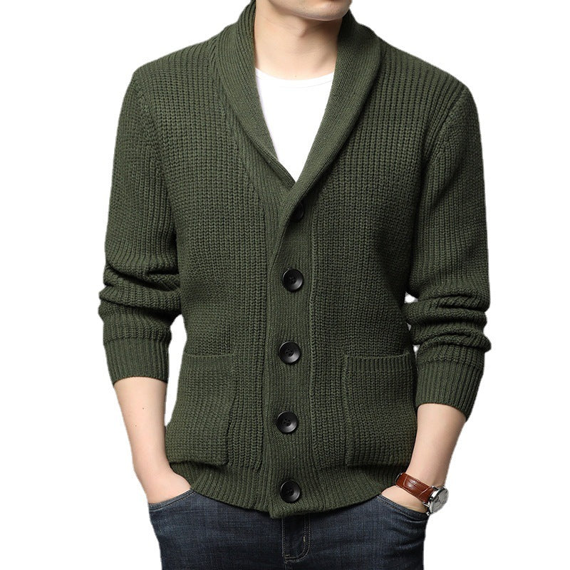 Men's chunky knit cardigan with shawl collar, patch pockets, and button placket Mune Fashion