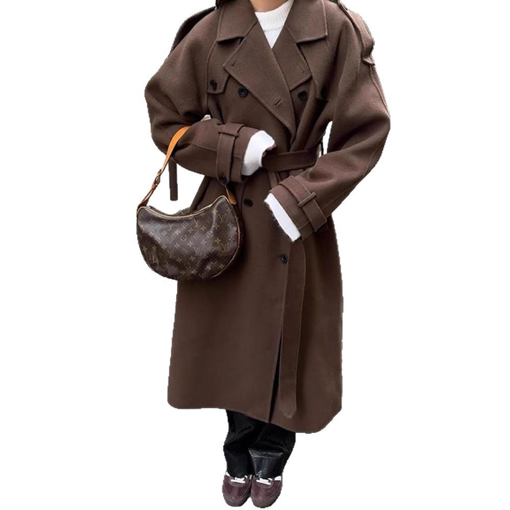 Women's Oversized Wool Coat with Wide Lapel Collar and Waist Belt Mune Fashion