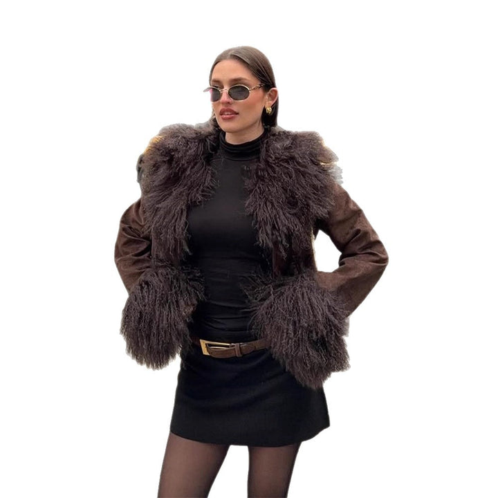 Women's Short Suede Jacket with Voluminous Tibetan Shearling Collar and Fur Cuffs Mune Fashion