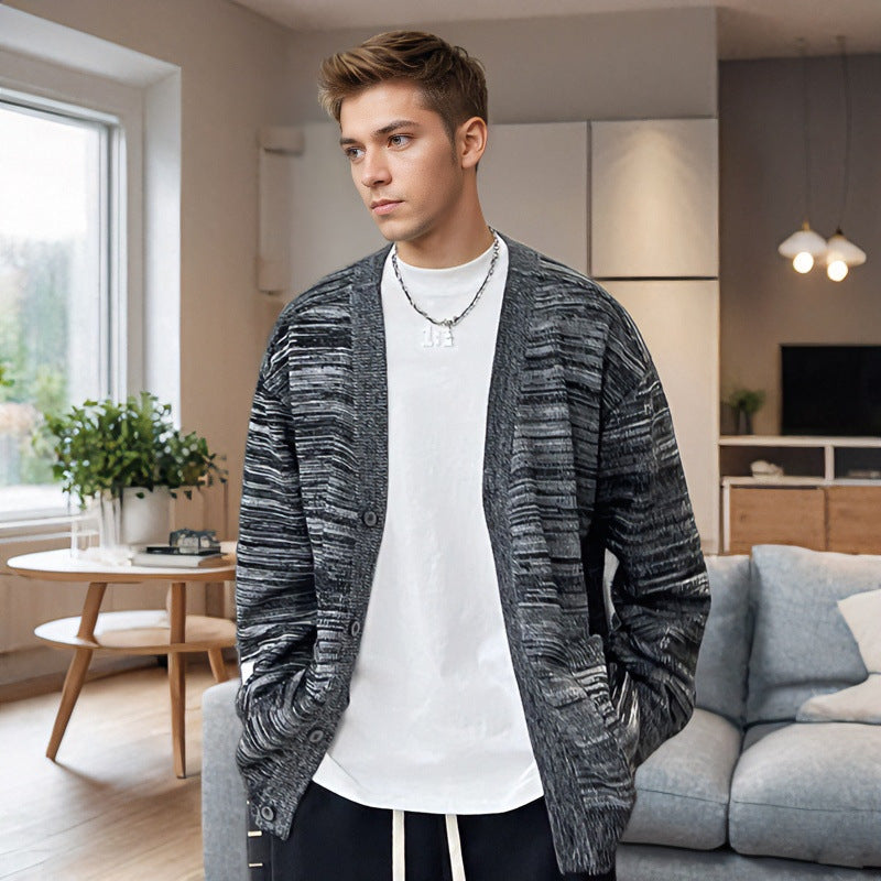 Men's Loose Melange Oversized Knit Cardigan with Button Placket and Patch Pockets Mune Fashion