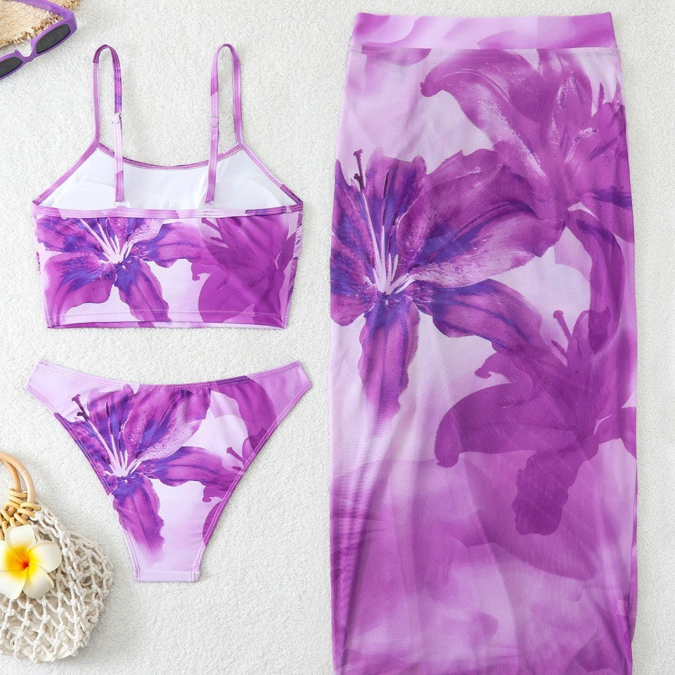 Women's bikini set with floral balconette top and transparent wrap skirt Mune Fashion