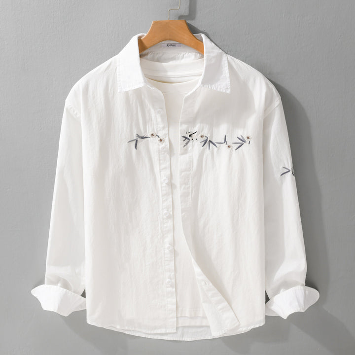 Women's loose embroidered cotton overshirt with kent collar and layering detail Mune Fashion
