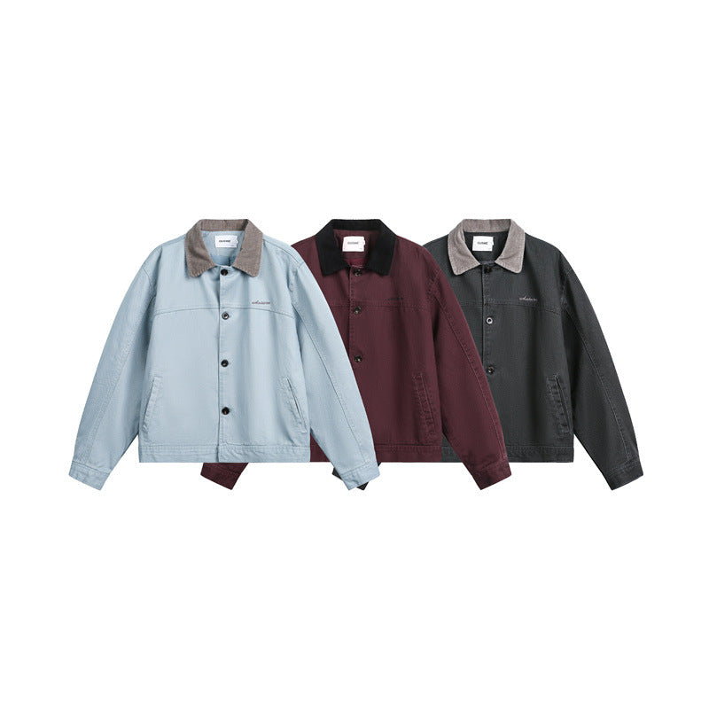 Unisex Short Cut Boxy Denim Jacket with Corduroy Collar and Side Pockets Mune Fashion