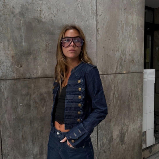 Ladies military-inspired tailored short jacket with decorative pleats and metal buttons Mune Fashion