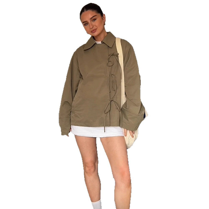 Women's Oversized Shirt Jacket with Decorative Knot Closures and Shirt Collar Mune Fashion