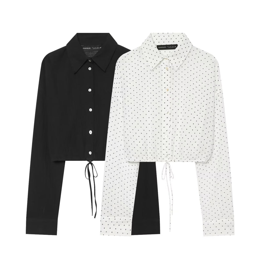 Women's Dotted Cropped Blouse with Drawstring and Shirt Collar Mune Fashion