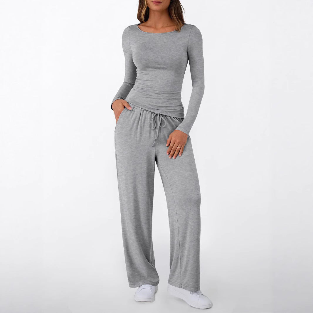 Women's Fitted Long Sleeve Shirt and Palazzo Jersey Pants Loungewear Set Mune Fashion
