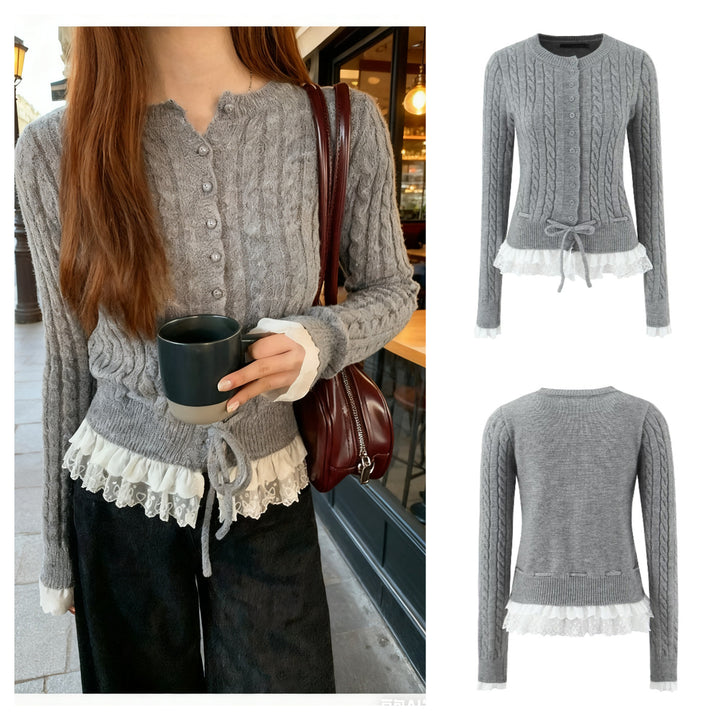 Women's cardigan with cable pattern, button placket, and lace frill Mune Fashion