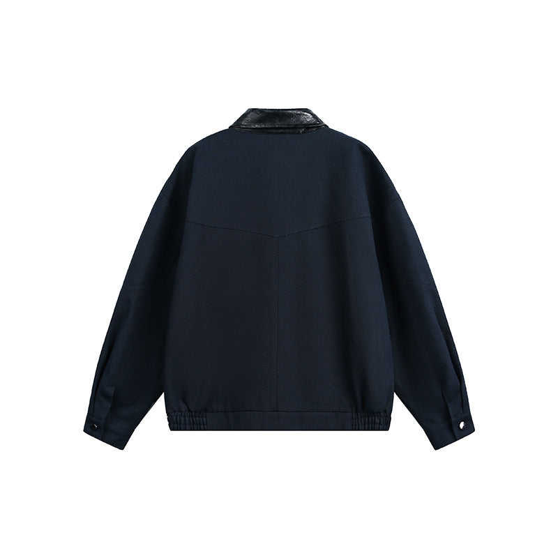 Men's Oversize Harrington Jacket with Faux Leather Collar, Flap Pockets, and Elastic Hem Mune Fashion