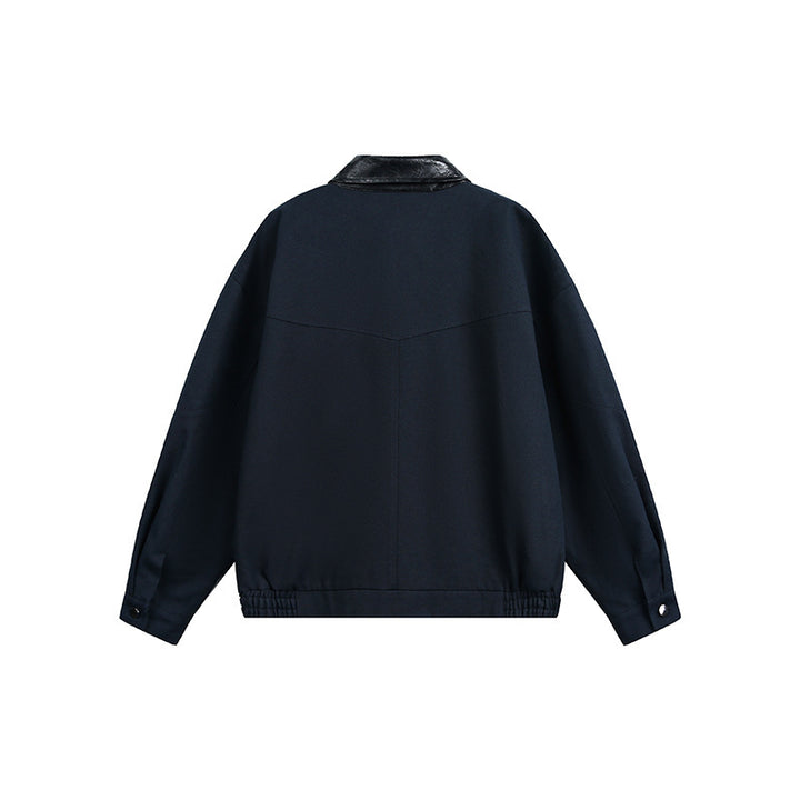 Men's Oversize Harrington Jacket with Faux Leather Collar, Flap Pockets, and Elastic Hem Mune Fashion