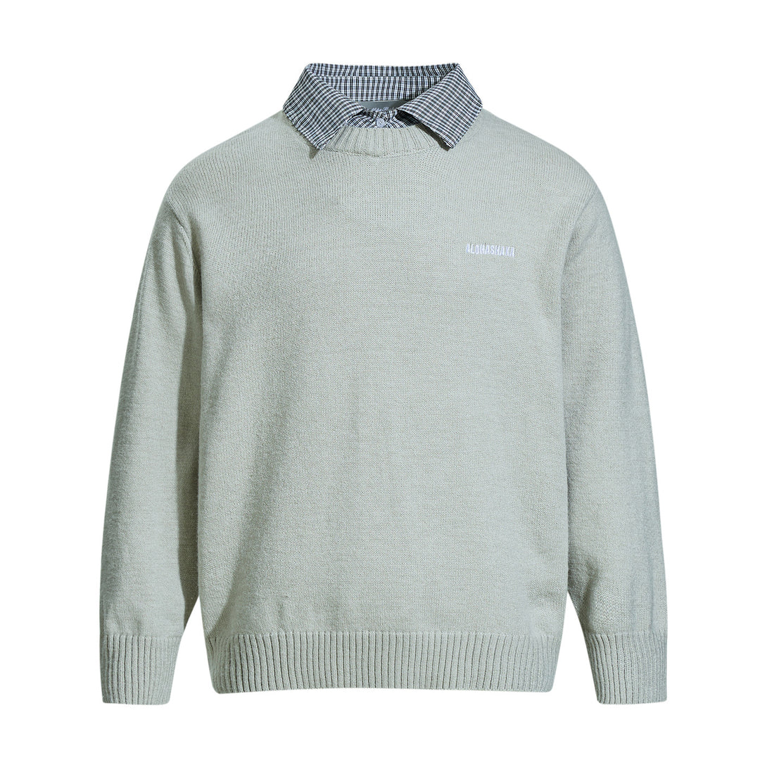 Men's round neck sweater with embroidered logo and layered shirt collar Mune Fashion