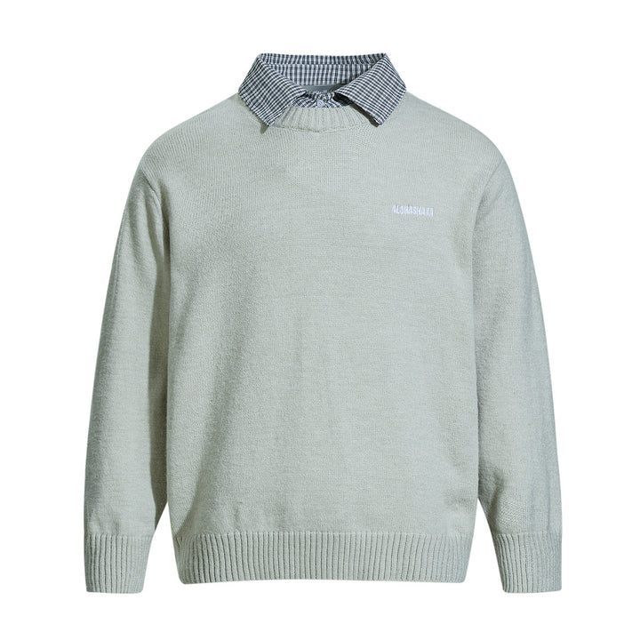 Men's round neck sweater with embroidered logo and layered shirt collar Mune Fashion