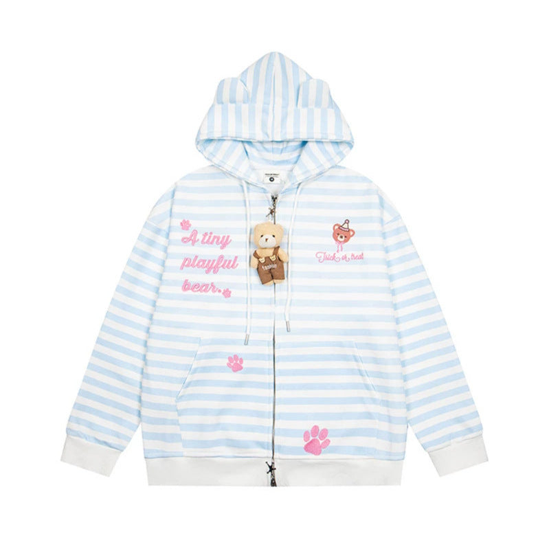 Women's Striped Hooded Sweat Jacket with Teddy Pendant, Ear Hood and Embroidery Detail Mune Fashion