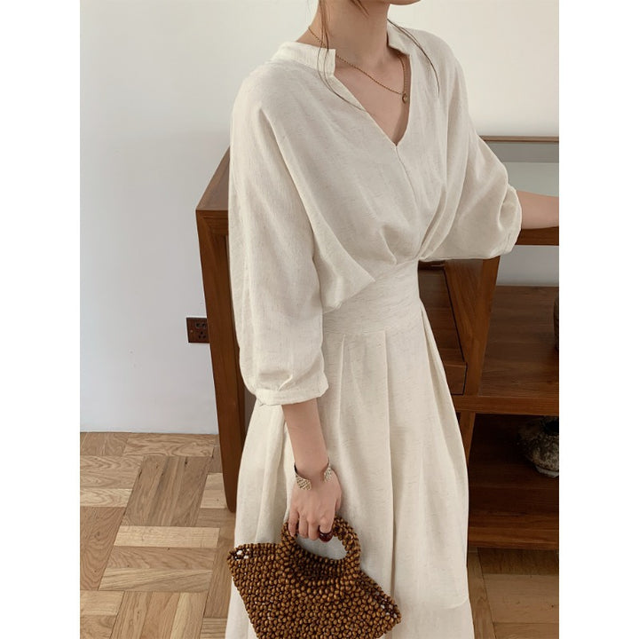 Women's Linen Look Midi Dress with V-Neck, Three-Quarter Sleeves, and Tailored Waist Mune Fashion