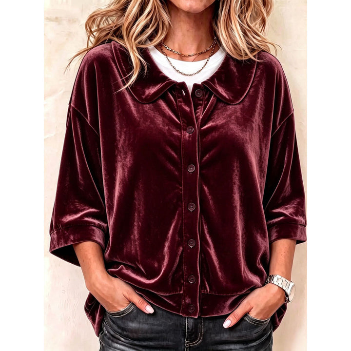 Women's Velvet Button-Down Blouse with Rounded Collar Mune Fashion