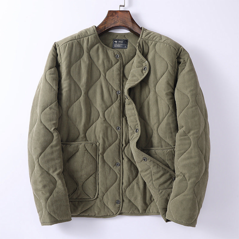 Men's Padded Quilted Jacket without Collar with Round Neck and Patch Pockets Mune Fashion