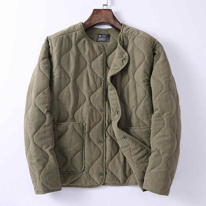 Men's Padded Quilted Jacket without Collar with Round Neck and Patch Pockets Mune Fashion